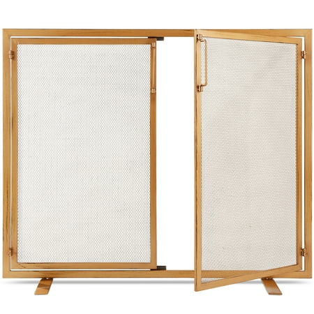 38.5x31in 2-Door Fireplace Screen, Handcrafted Wrought Iron Spark Guard w/ Magnetic Doors - Gold - 320