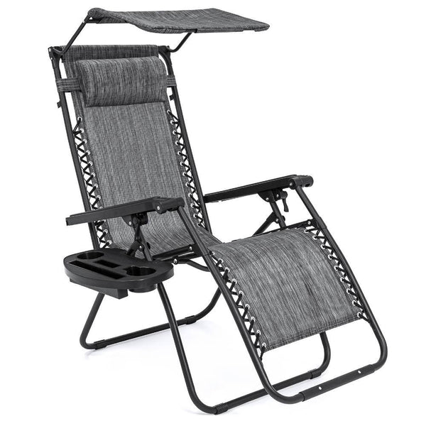 Zero Gravity Folding Reclining Gray Fabric Outdoor Lawn Chair w/Canopy Shade, Headrest Tray - M6 - 24