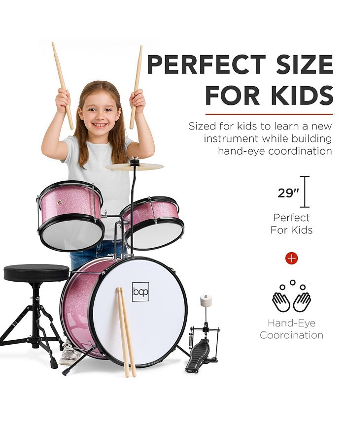 Best Choice Products Kids Beginner 3-Piece Drum, Musical Instrument Set w/ Sticks, Cushioned Stool, Drum Pedal - Pink - No Size - H2 - 991