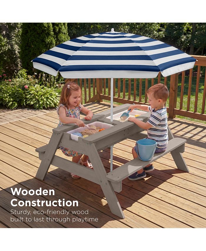 Best Choice Products Kids 3-in-1 Outdoor Convertible Activity Sand & Water Picnic Table w/ Umbrella - Gray - H6 - 100