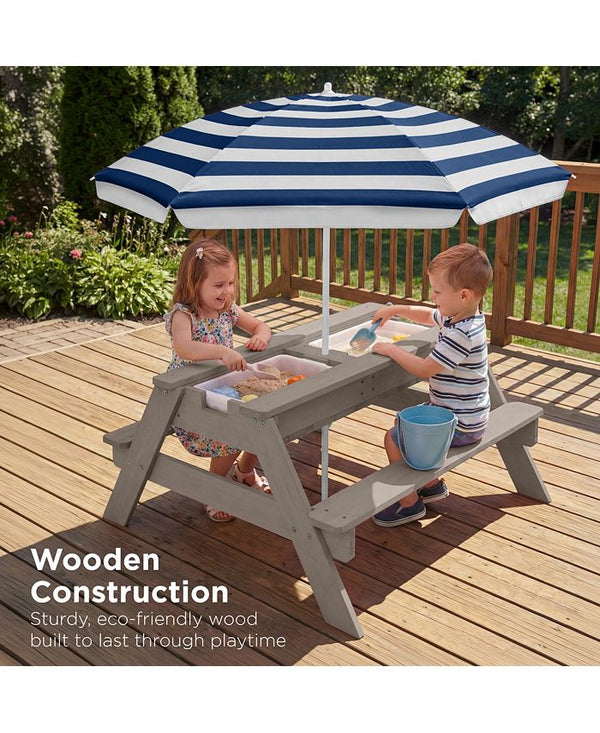 Best Choice Products Kids 3-in-1 Outdoor Convertible Activity Sand & Water Picnic Table w/ Umbrella - Gray - H6 - 100