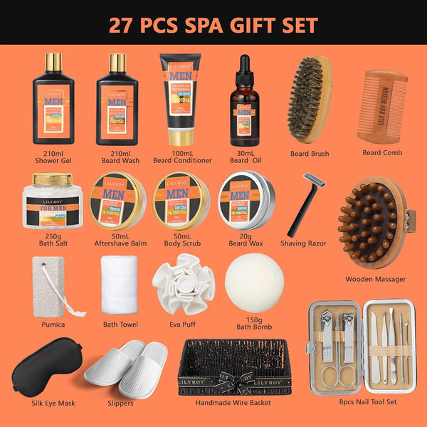 27Pcs Valentines Day Gifts Spa Gift Basket for Men - Bath and Body Gift Basket Set for Dad with Massager | Perfect Gifts for Christmas, Fathers Day, Birthday Gift Beard Bath Spa Gift Set for Men 1300