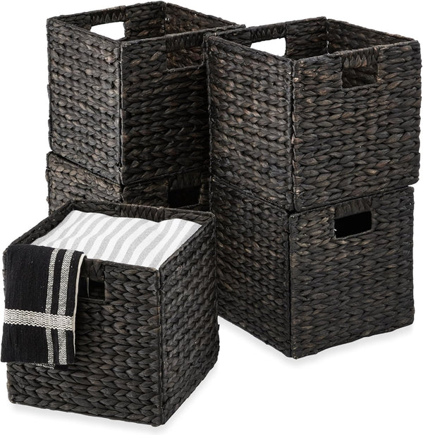 Best Choice Products 13x13in Pack of 5 Cube Storage Baskets, Water Hyacinth Multipurpose Collapsible Organizers, Handwoven Laundry Totes for Laundry, Living Room, Kids Room & Nursery - Black - A10 - 1473