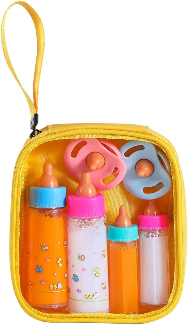 Baby Doll Bottle Accessories - 6 Pcs Feeding Bottle Toys, Magic Disappearing Milk & Juice, Pretend Play Set with Pacifiers Kids Gift Yellow 1337