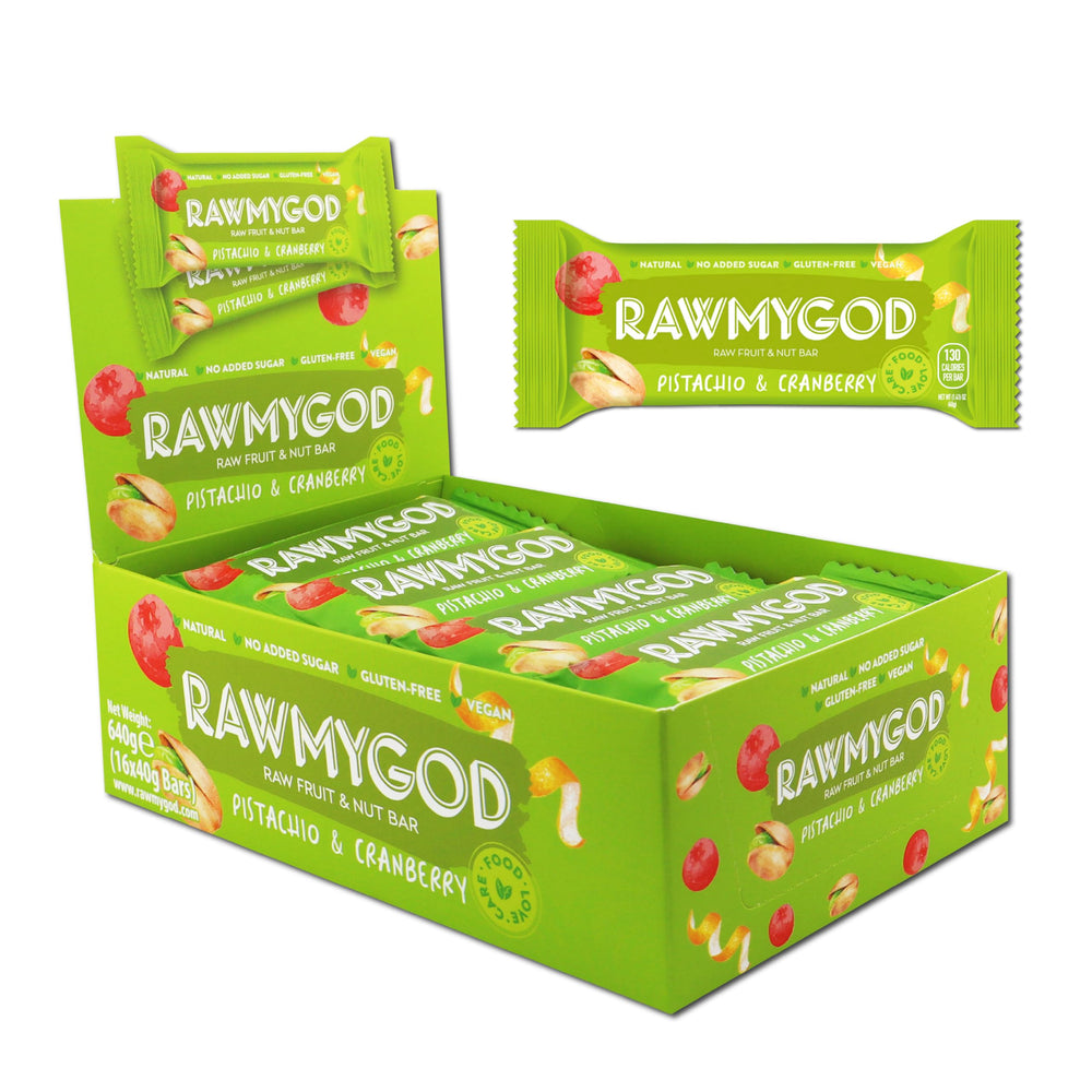 RAWMYGOD Raw Fruit and Nut Bar Pistachio & Cranberry, Gluten Free, Vegan, No Added Sugar, 16 Pack, 130 Calories per Bar
