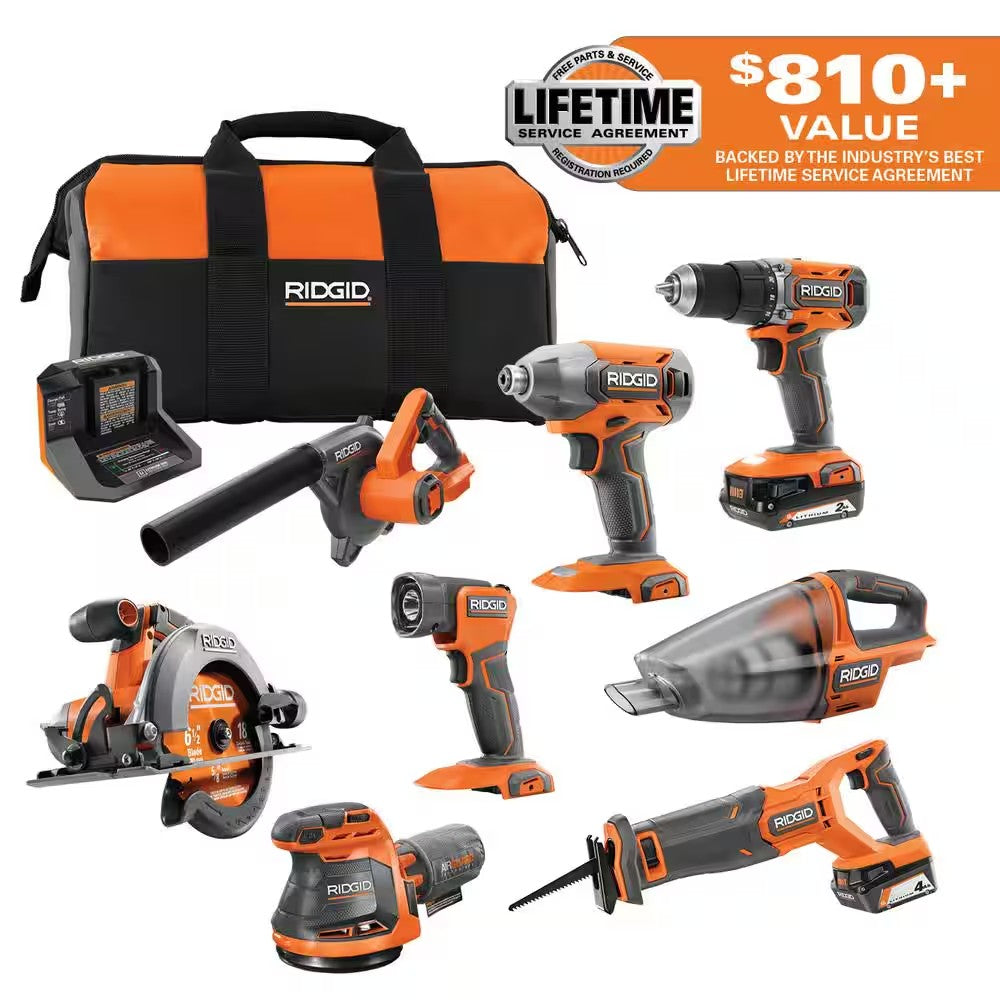 18V Cordless 8-Tool Combo Kit with 2.0 Ah Battery, 4.0 Ah Battery, Charger, and Tool Bag - K264 - Tested and working