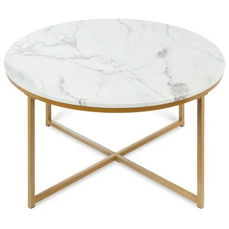 36in Faux Marble Modern Round Living Room Accent Coffee Table w/ Metal Frame - White/Bronze Gold - 301