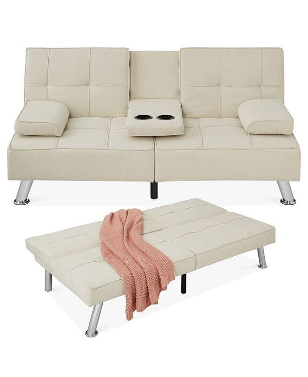 Best Choice Products Modern Linen Convertible Futon Sofa Bed w/ Removable Armrests, Metal Legs, Cupholders - Ivory/Cream - L111