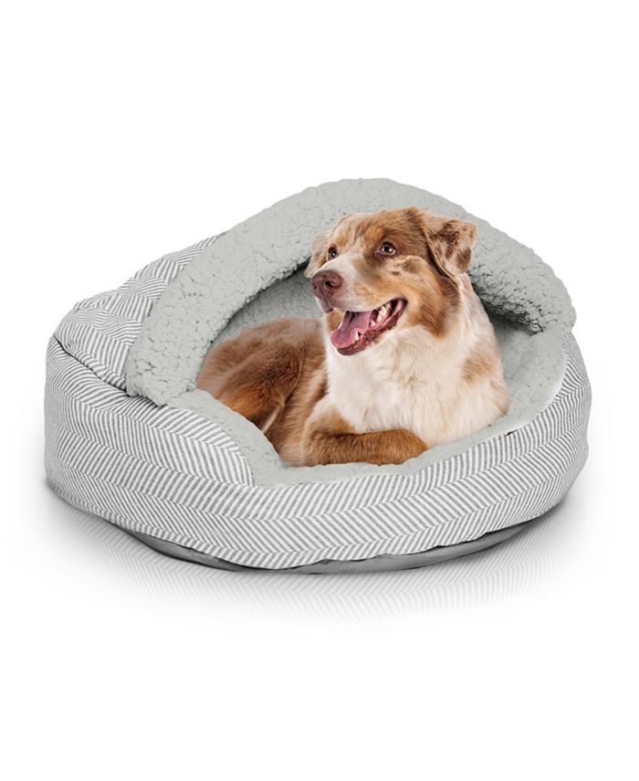 Details Pet Cave Bed, Calming Hooded Dog Bed with Pouch for Small Dogs and Cats, Herringbone Canvas Fleece Deep Dish - Gray - Large - L11 - 505