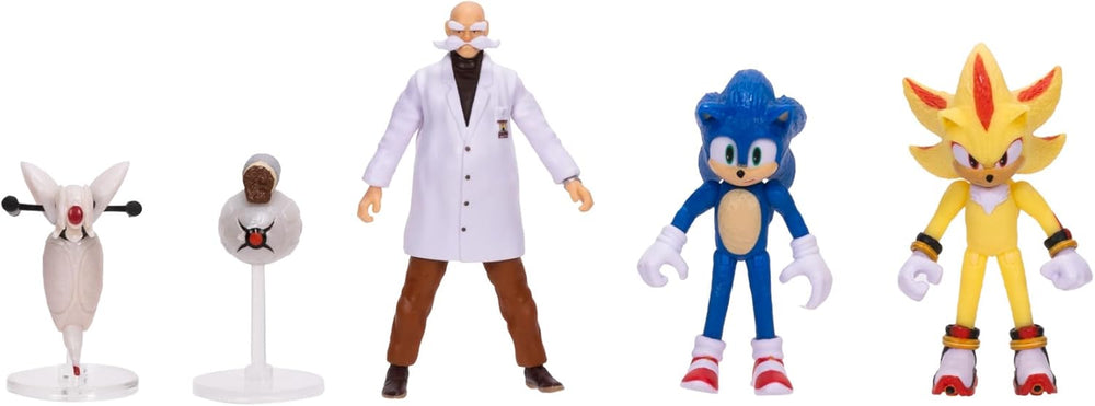 Sonic 3 Movie Action Figures 2.5-Inch Movie Collector Toy Figure Multi-Pack, Wave #3 Includes Sonic, Gerald Robotnik, Super S, Buzzbomber & Burrito Drone- Officially Licensed Toys 1344
