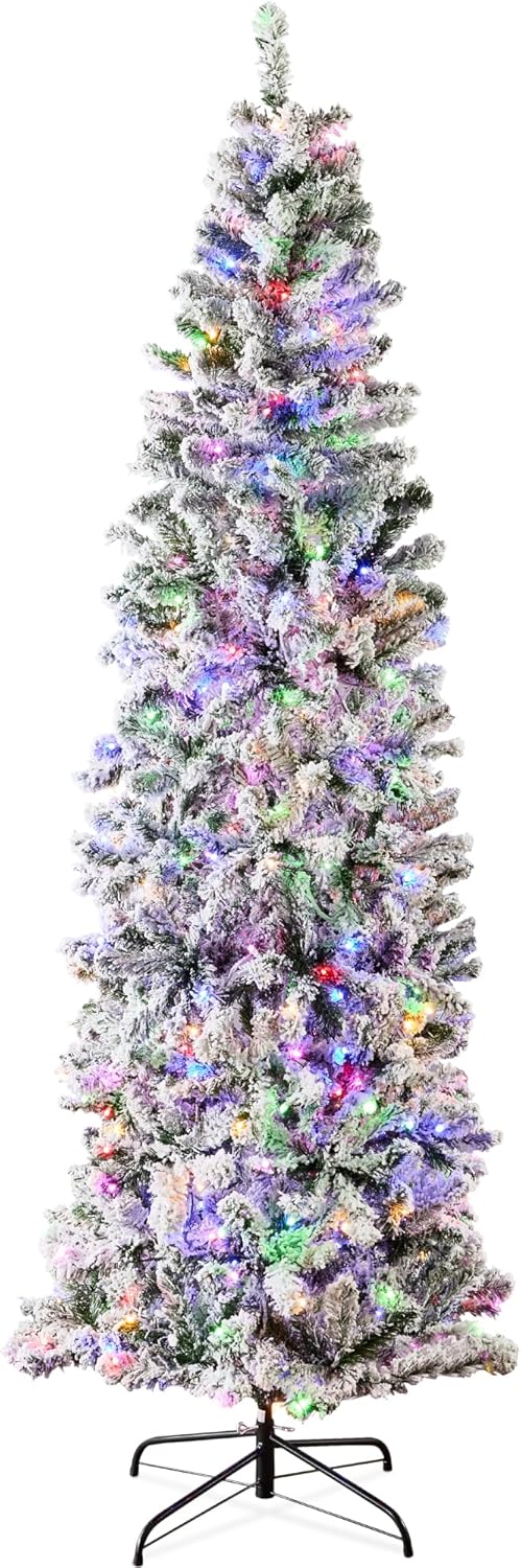 Flocked Pencil Christmas Tree, Pre-Lit Slim 12ft Artificial Holiday Decoration, 2-in-1 White & Multicolor Lights, Lighted Decor - J171