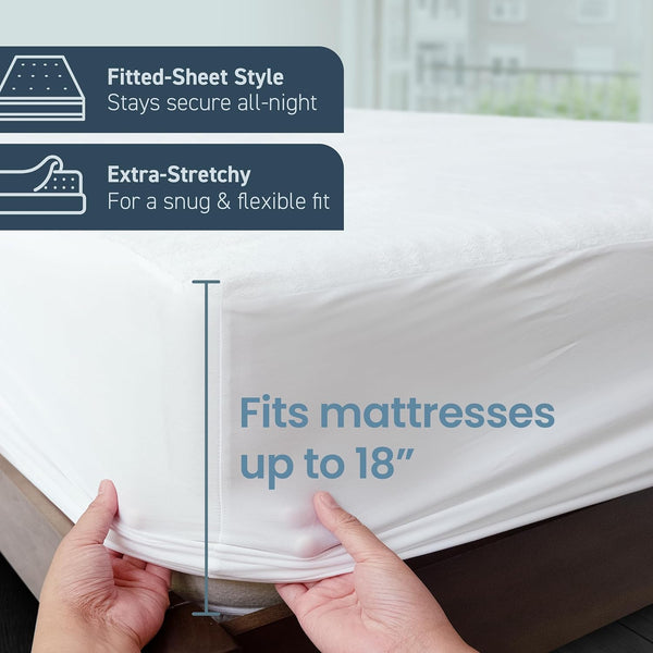 SafeRest Waterproof Twin Size Mattress Protector - Fitted with Stretchable Pockets - Machine Washable Cotton Mattress Cover for Bed 1370