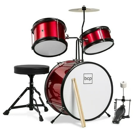 Kids Beginner 3-Piece Drum, Musical Instrument Set w/ Sticks, Cushioned Stool, Drum Pedal - Red 327