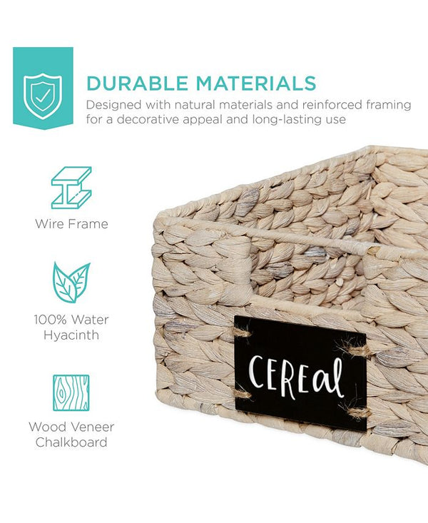 Best Choice Products Set of 4 12in Woven Water Hyacinth Pantry Baskets w/ Chalkboard Label, Chalk Marker - White - G3 - 1643