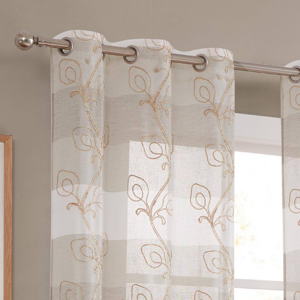 Silvia 76 in. W x 96 in. L Embroidered Sheer Floral Window Curtain in Linen -K9-0544