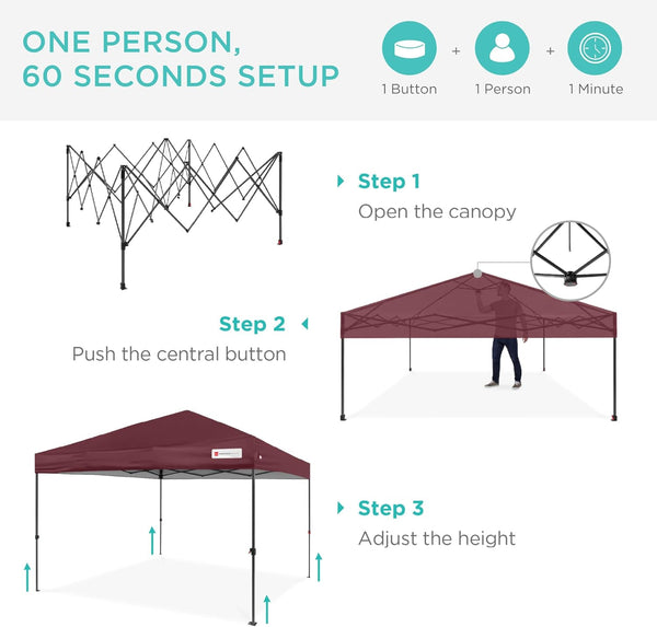 Best Choice Products 12x12ft Pop Up Canopy Tent, Outdoor Shade, 1 Person 1 Minute Set Up, Carry Case, 4 Weight Bags - Burgundy 1426