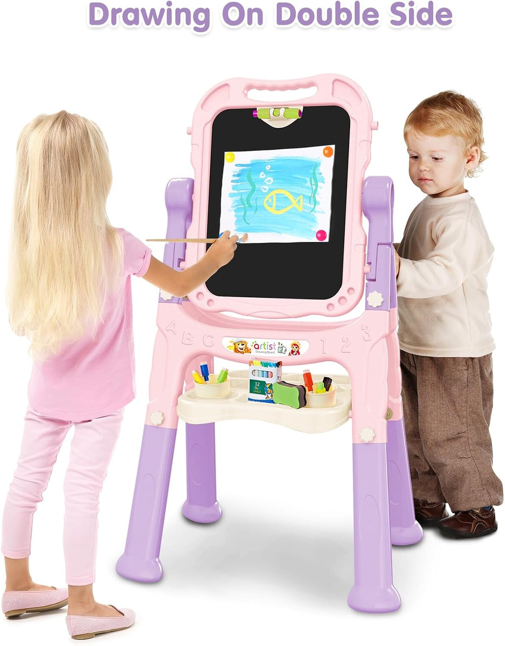 Kids Art Easel, Adjustable Drawing Whiteboard & Chalk Board, Double Sided Toddler Easel with Painting Accessories, Birthday Gift Toy for Little Girls Boy Age 2 3 4 5 (Pink) 1329