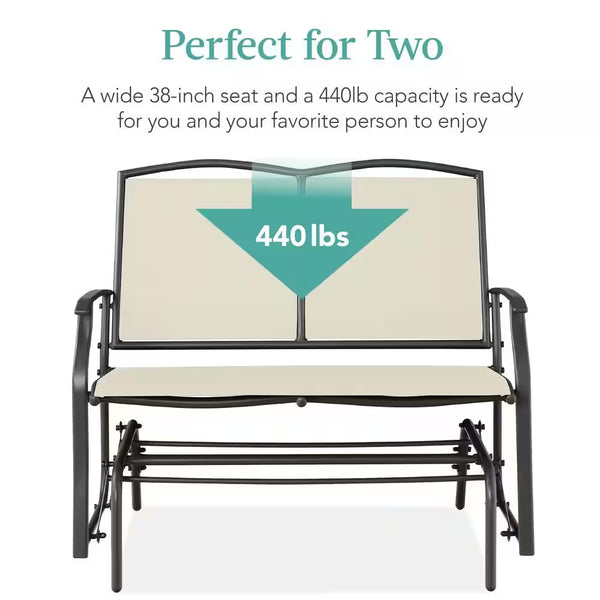 Ivory/Gray 2-Person Metal Outdoor Glider, Patio Loveseat, Fabric Bench Rocker for Porch with Armrests -H7-0107