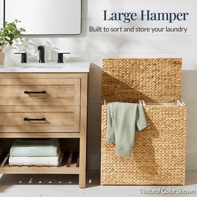 Best Choice Products Large Natural Water Hyacinth Double Laundry Hamper Basket w/ 2 Liner Bags, Handles - Gray - A6 - 463