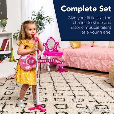 Best Choice Products 19in Kids Flash Guitar, Pretend Play Musical Instrument Toy for Toddlers w/ Mic, Stand - Soft Pink -J4-0411