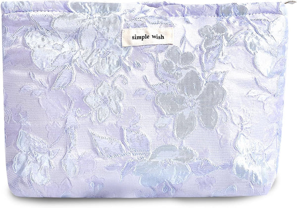 Makeup Bag Cosmetic bag Preppy Canvas Embroidery Toiletry Bag for women Cute zipper pouch Organizer Travel accessories (01-Purple Blue Embossing, Large) 1470
