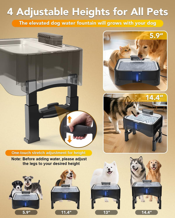 UPSKY 2.25Gal Elevated Dog Water Fountain, 4 Heights Adjustable Pet Fountain for All Dog Sizes, 304 Stainless Steel Tray Indoor Cat Drinking Dispenser with Ultra-Quiet Pump & 2 Replacement Filters - G6 - 1806