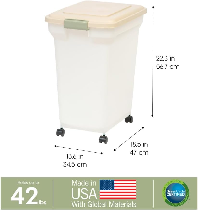 IRIS USA Airtight Dog Food Storage Container, WeatherPro, Up to 40 lbs, Removable Wheels, for Dog Cat Bird and Other Pet Food Storage Bin, Keep Fresh, Translucent Body, Made in USA, Almond/Pearl - J11 - 608