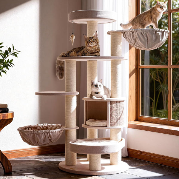 Extra Large Cat Tree for Maine Coon,65 Inches Tall Cat Tree Tower for Indoor Cats Large Adult 20 lbs,XXL Heavy Duty Luxury Sturdy Cat House with Big Hammock,Sisal Scratching Post,Condo,Beige -M6-0649