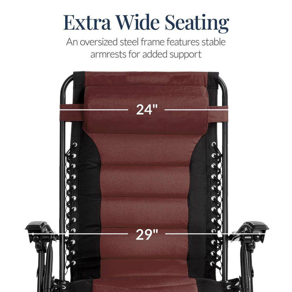 Oversized Padded Zero Gravity Brown Metal Reclining Outdoor Lawn Chair w/Side Tray -D9-0593