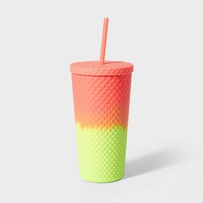 23oz Double Wall Texture Diamond Tumbler with Straw Pink/Green - Sun Squad  - F10 - 1912