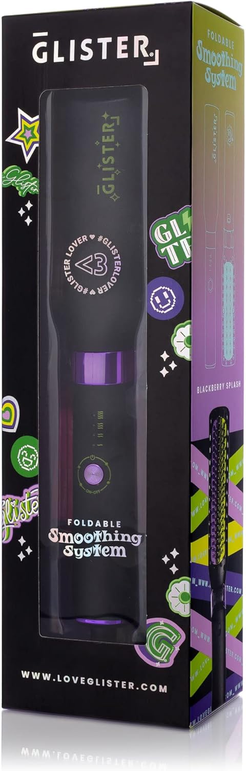 Glister Folding Hair Straightener Brush, Hair Brush for Hair Straightening, Volumizer, Fringe Curler, Hair Styling Comb with Adjustable Temperature - Black Berry Splash (Black) - J5-0238 -J5-0239 -A1-0430