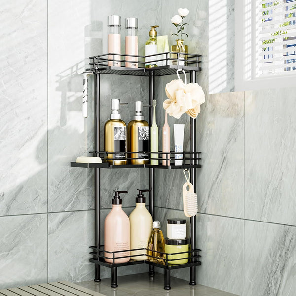 Consumest Corner Shower Caddy Standing - 3-Tier Stainless Steel Shower Organizer with Soap Holder and 4 Hooks, Large Capacity Corner Shelf Stand for Bathroom, Rest Room, Black - J94