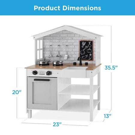 Best Choice Products Farmhouse Play Kitchen Toy for Kids w/ Chalkboard, Storage Shelves, 5 Accessories - Beveled White -G3-1970