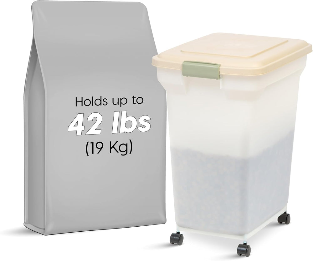 IRIS USA Airtight Dog Food Storage Container, WeatherPro, Up to 40 lbs, Removable Wheels, for Dog Cat Bird and Other Pet Food Storage Bin, Keep Fresh, Translucent Body, Made in USA, Almond/Pearl - J11 - 608