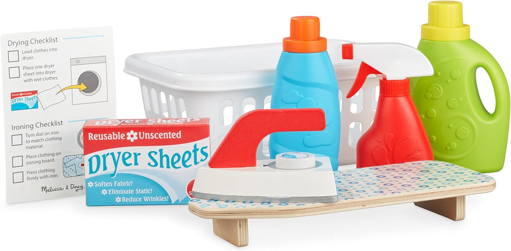 Melissa & Doug Laundry Basket Play Set with Wooden Iron, Ironing Board, and Accessories (14 Pcs) Pretend Play Laundry Set for Kids with Iron 1339