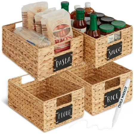 Best Choice Products Set of 4 12in Woven Water Hyacinth Pantry Baskets w/ Chalkboard Label, Chalk Marker - Natural -E3-1947
