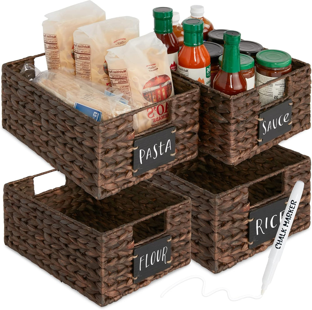 Set of 4 9x12in Water Hyacinth Pantry Baskets, Woven Organizers w/Chalkboard Label, Chalk Marker - Brown - 775