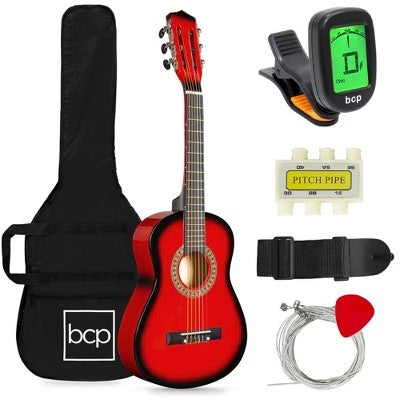 30in Kids Acoustic Guitar Beginner Starter Kit with Tuner, Strap, Case, Strings - Redburst - K104