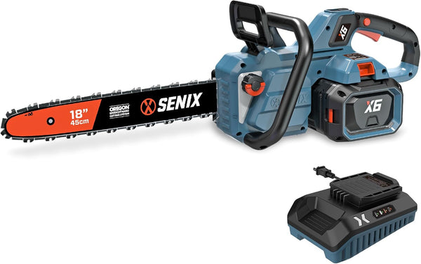 Senix X6 60 Volt Max* 18-inch Cordless Chainsaw with Brushless Motor and Oregon Bar and Chain for Trees, Limbs, and Firewood, Auto Lubrication, Includes 4Ah Li-Ion Battery and Charger (CSX6-M1) - 1549