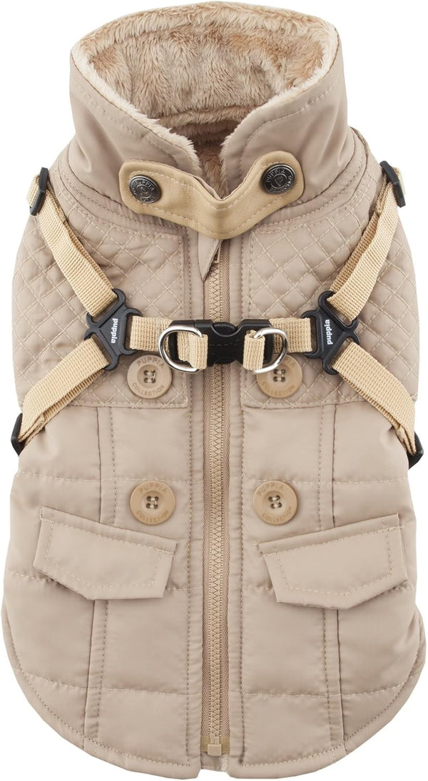 Puppia Wilkes Winter Dog Coat with Integrated Harness No Pull Cold Weather Waterproof Warm Fleece Back Zipper for Small & Medium Dog, Beige, Large - L14 - 626