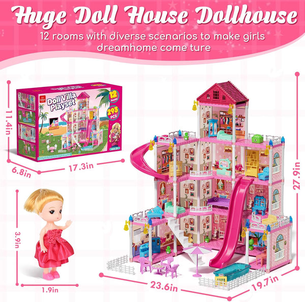 Lehoo Castle Doll House Dreamhome, 4-Story 12 Rooms Dollhouse Playhouse with Doll and Furniture, Pretend Dream Dollhouse Playset Pink Girl Toys, Sturdy Construction, Easy to Move, Ideal Gift Toy 1465