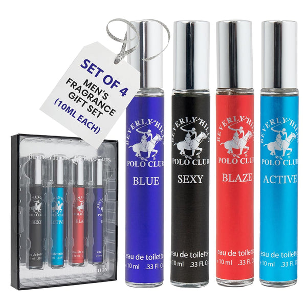 Beverly Hills Polo Club EDT Pen Spray Collection - Set of 4 Men's Fragrance Gift Set - Active, Sexy, Blaze and Blue Scent - Long-Lasting, Travel-Friendly Cologne for Men (10ml Each) -F6-0046
