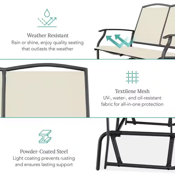 Ivory/Gray 2-Person Metal Outdoor Glider, Patio Loveseat, Fabric Bench Rocker for Porch with Armrests -H7-0107
