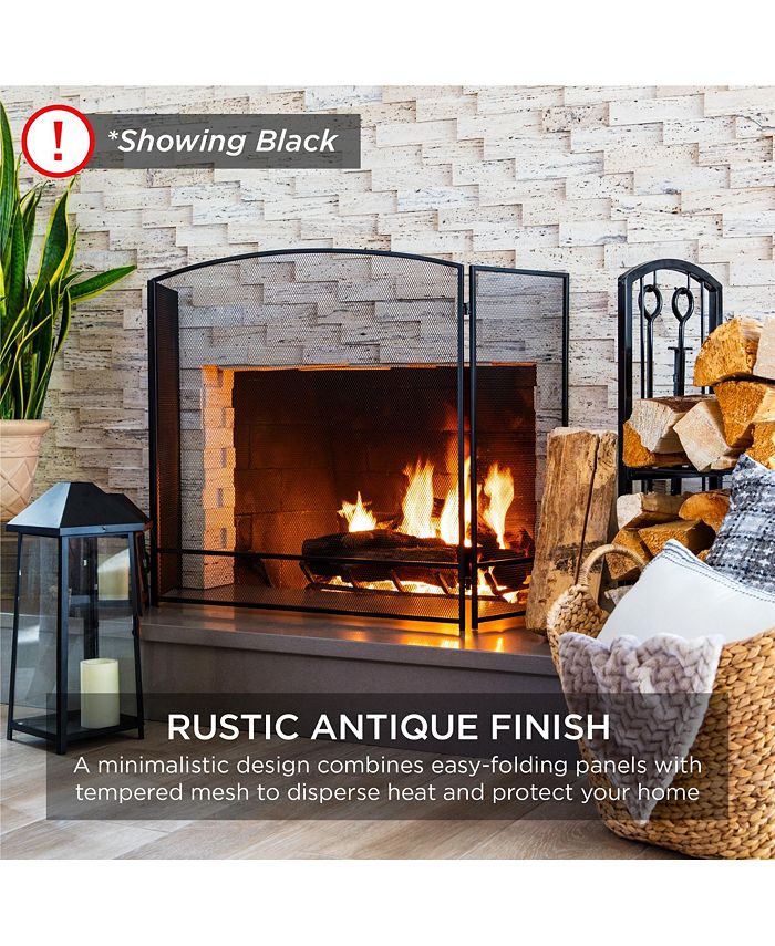 Best Choice Products 47.5x27.25in 3-Panel Steel Mesh Fireplace Screen, Spark Guard w/ Rustic Worn Finish - Black - NO SIZE - J7-1595