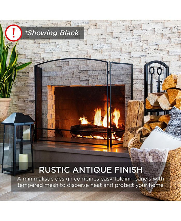 Best Choice Products 47.5x27.25in 3-Panel Steel Mesh Fireplace Screen, Spark Guard w/ Rustic Worn Finish - Black - NO SIZE - J7-1595