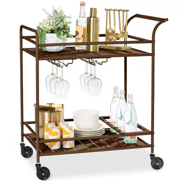 2-Tier Brown Outdoor/Indoor Metal Bar Serving Cart with Storage Shelves and Lockable Wheelsh -L9-0450