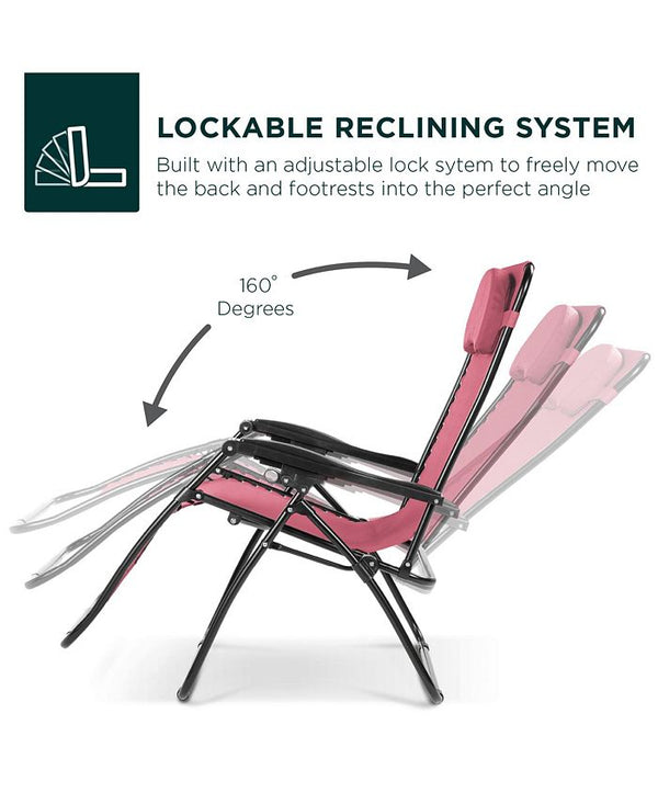 Best Choice Products Oversized Zero Gravity Chair, Folding Outdoor Patio Recliner w/ Cup Holder - Pink -M3-0018