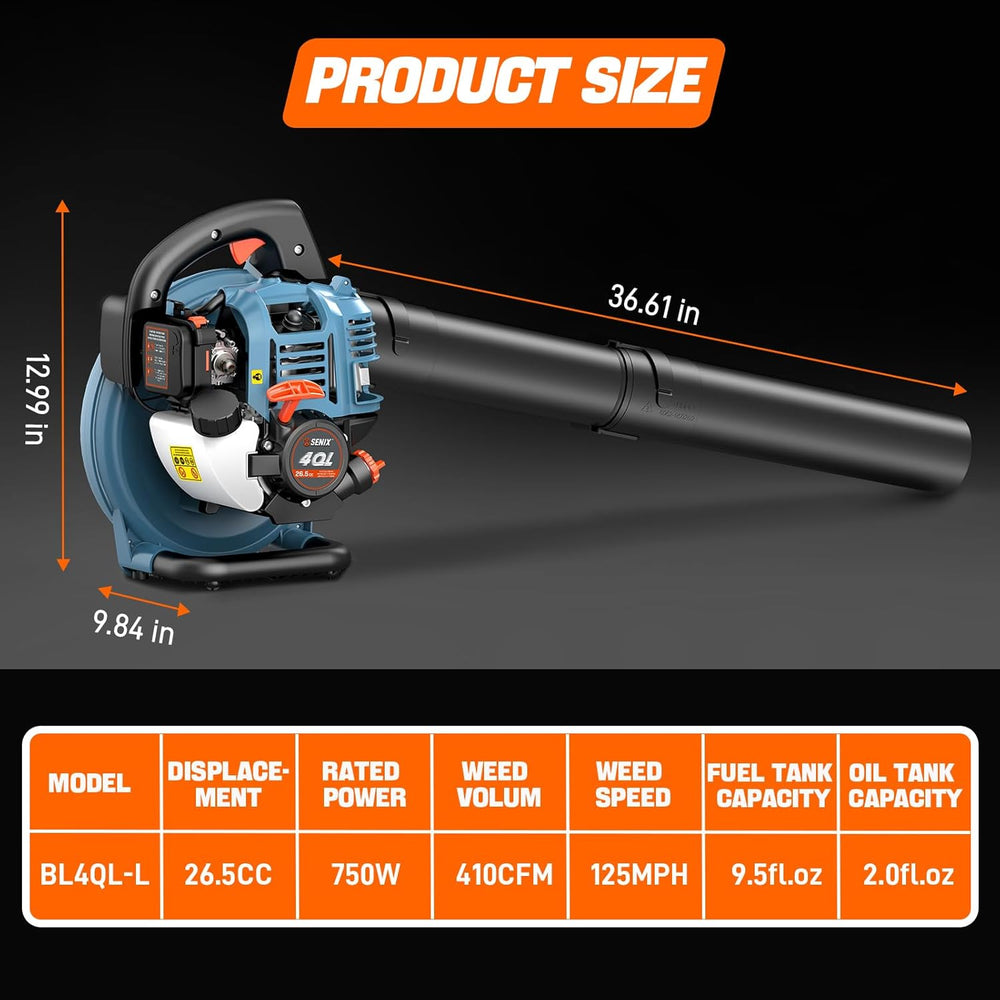 SENIX 4QL 26.5 cc 4-Cycle Handheld Gas Powered Leaf Blower for Lawn Care Clean Up, Up to 410 CFM and 125 MPH, Light Weight, Dual Grip Handle, BL4QL-L, Blue 1558