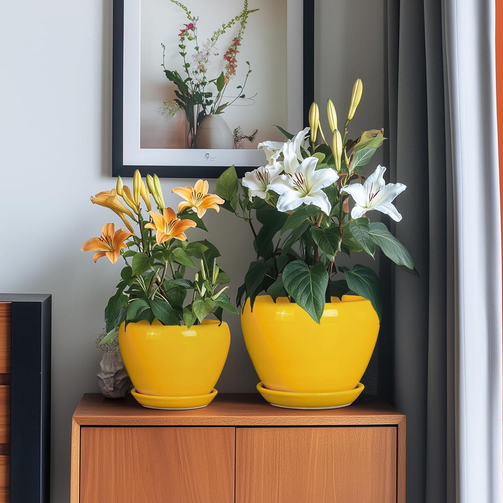 Ceramic Planters Set of 3 - Modern Round 10+8+6 Inch Plant Pots with Drainage Holes and Plant Trays for Indoor Outdoor Flowers, Decorative Garden Room Home Decor, Housewarming Gifts, Yellow 1827