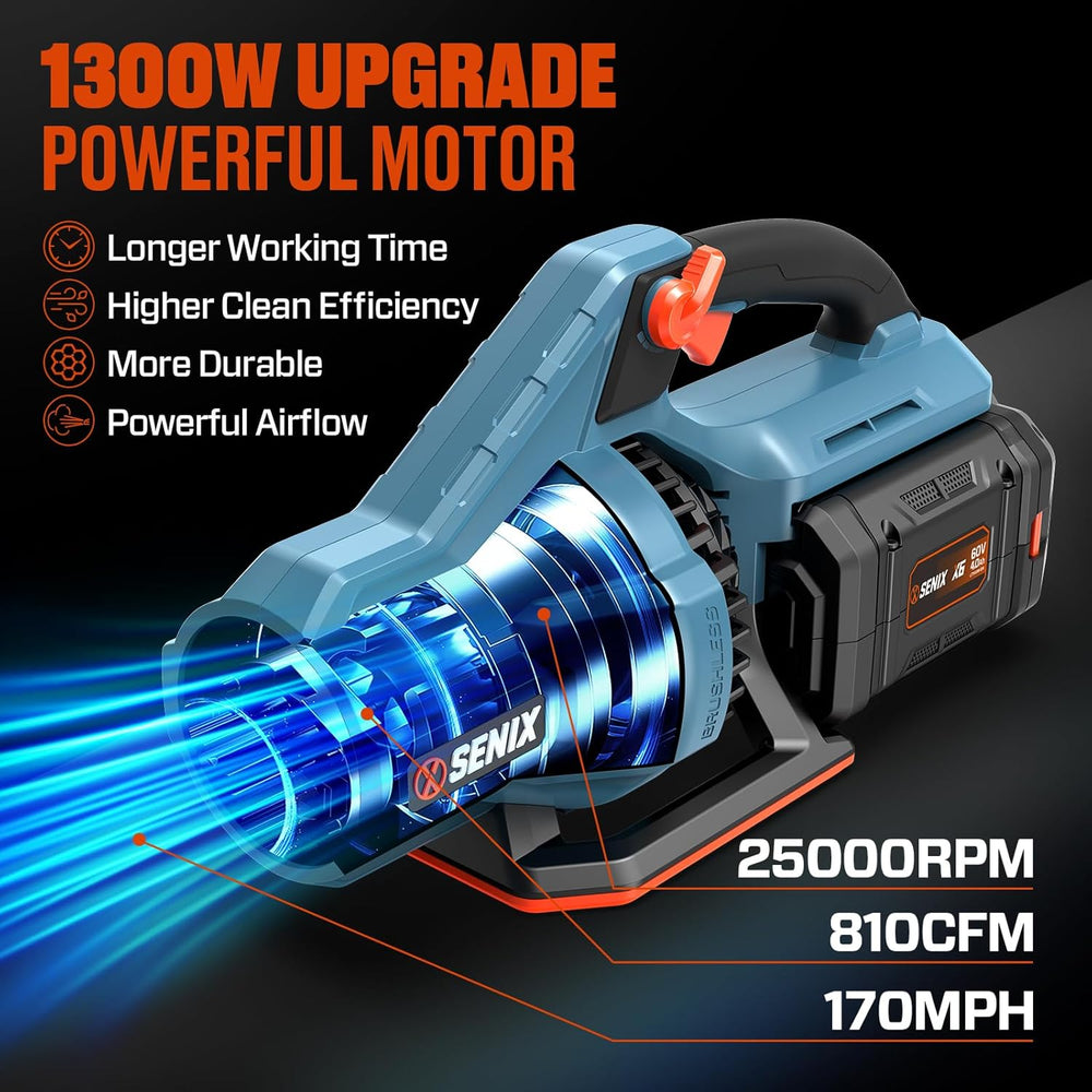 SENIX Leaf Blower Cordless, 60V Max 1300W Brushless Electric Leaf Blowers, 810 CFM & 170 MPH, Stepless Speed, Cruise Control, 60V 4.0Ah Battery & Charger Included,Blowers for Lawn Care, Yard, Garden 1949